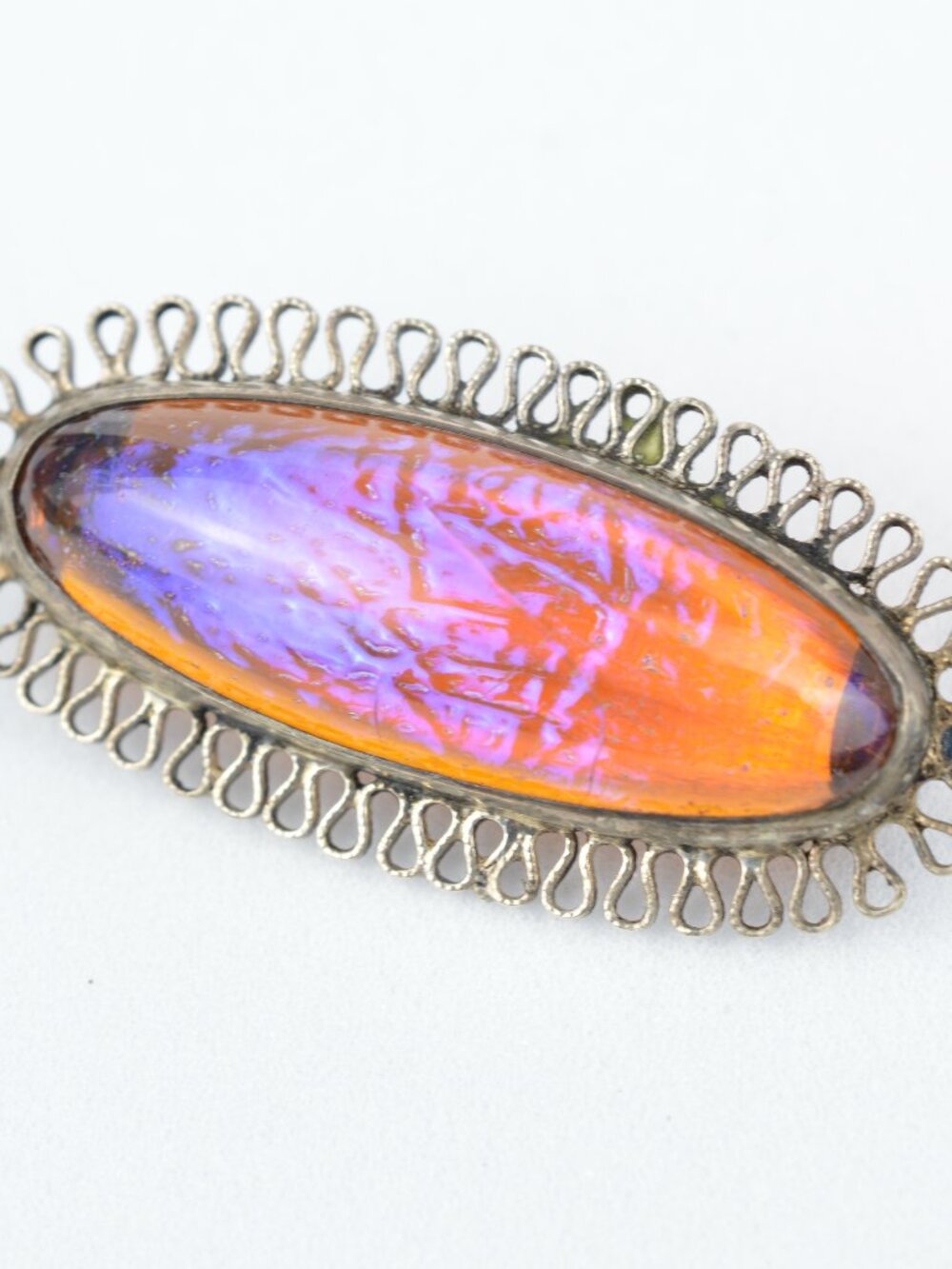Antique Art Deco Dragons Breath Glass Brooch Pin Sterling Silver Filigree Czech